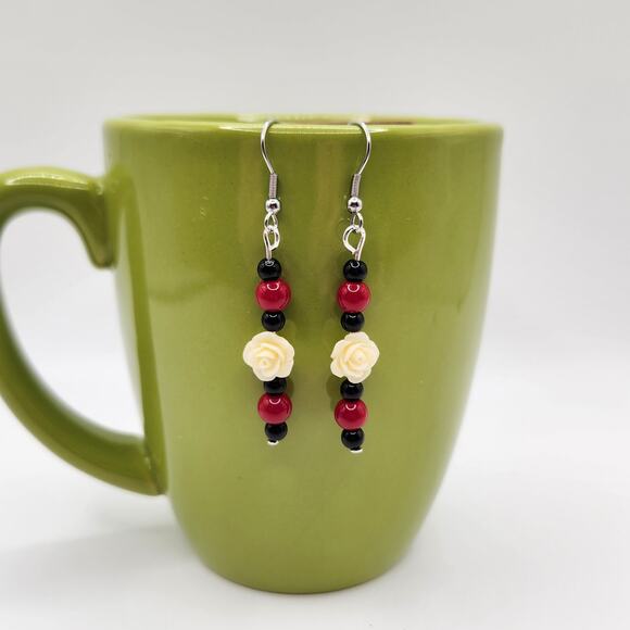 Handmade Cream Carved Rose, Black Amethyst & Red Coral Dangle Earrings 2.5" - Picture 6 of 9